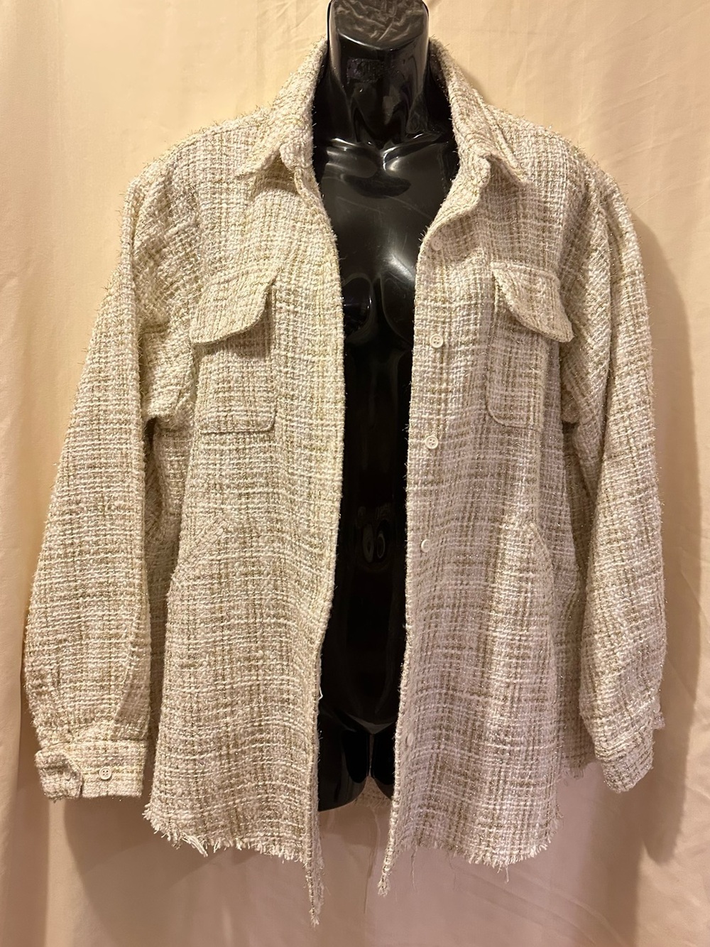 Womens Textured Shacket in Cream with Gold Thread